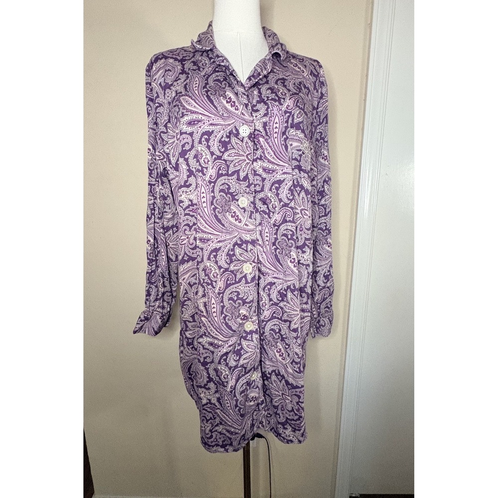 Lauren Ralph Lauren Sleep Shirt Womens XL Purple Paisley Button Up Logo comfort